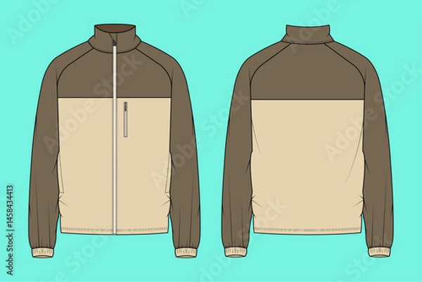 Fototapeta Raglan sleeve funnel neck outerwear Jacket fashion flat sketch vector illustration template outline CAD mockup front and back views.