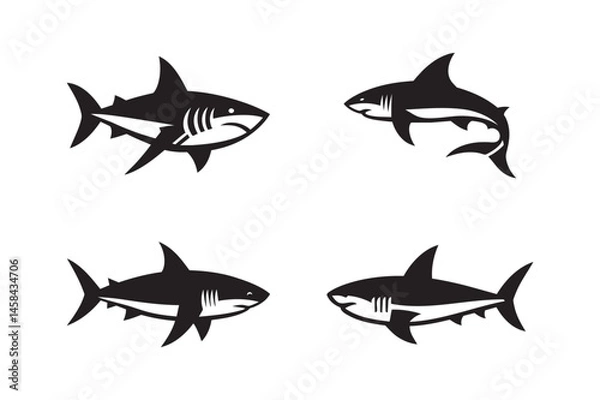 Fototapeta Shark Silhouette Vector Set, Black Marine Predator Icons Collection.
