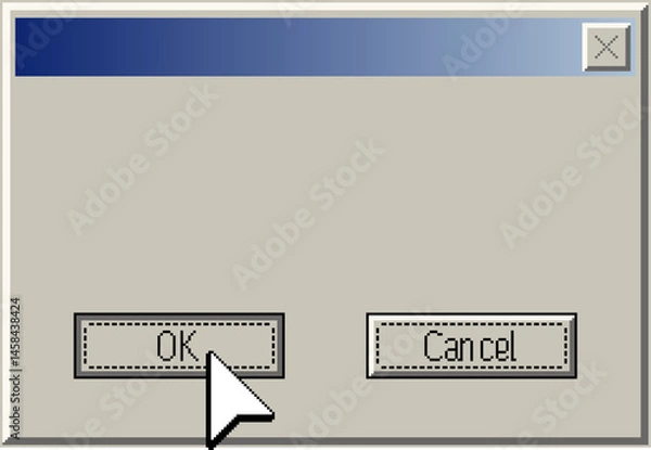 Fototapeta Minimalistic retro computer window interface with OK and Cancel buttons in pixel art style. A large arrow cursor clicking the OK button. Vintage 90s operating system UI elements.
