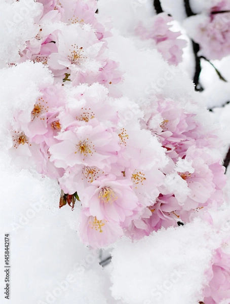 Obraz Authentische, schneebedeckte Kirschblüte im Frühling