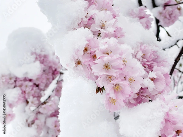 Obraz Authentische, schneebedeckte Kirschblüte im Frühling