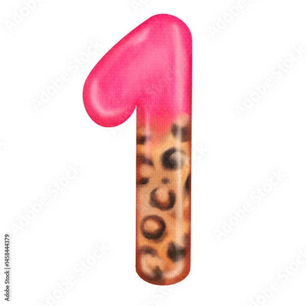 Fototapeta Stylized number 1 in shiny pink and leopard print, playful design for first birthdays, nursery decor, party graphics, greeting cards