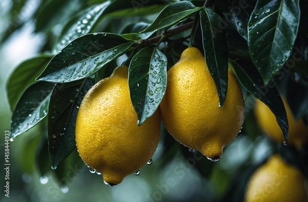 Fototapeta Fresh Yellow Lemons With Raindrops Hanging on a Green Leafy Branch