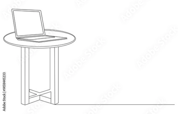Fototapeta Wooden table with laptop continuous one line drawing,