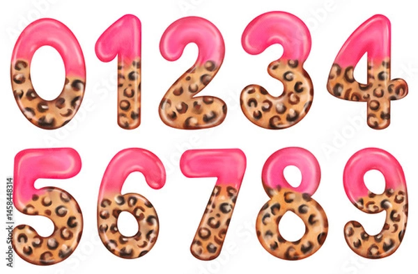 Fototapeta Set of shiny glossy pink numbers with leopard print. Illustration for birthday, party, wedding, invitation, greeting cards with animal background.  Jungle animals skin pattern