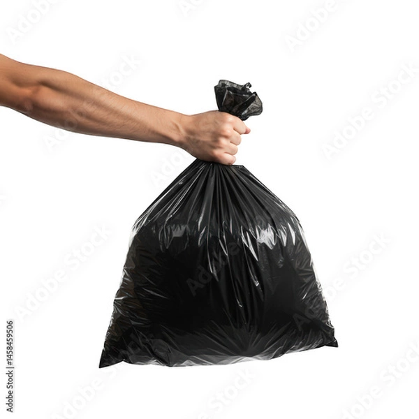 Fototapeta Black Garbage Bag Held Up by Hand, Isolated on Transparent Background.