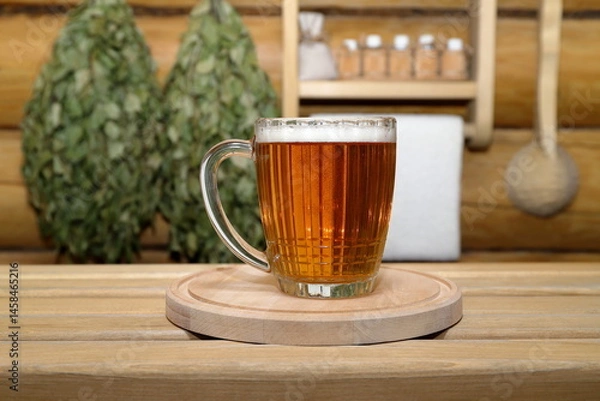 Fototapeta In the sauna interior, glass mug of light beer on wooden tray stands on a plank bench, against a log wall with dry birch brooms, wooden ladle and shelf with bottles of aromatic oils and white towel.