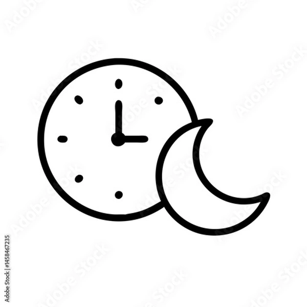 Fototapeta Clock with moon icon in black outline. Sleep, night routine, rest