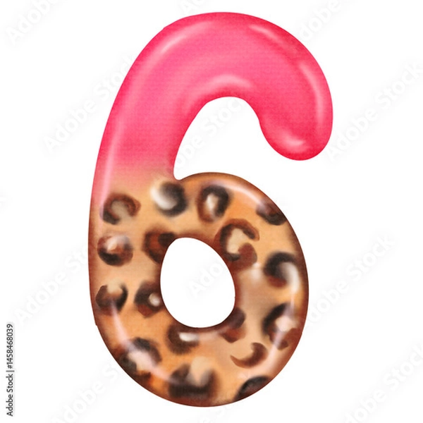 Fototapeta Number six in a stylish combination of pink top with balloons and leopard bottom. Illustration for greeting card and invitation, happy birthday.