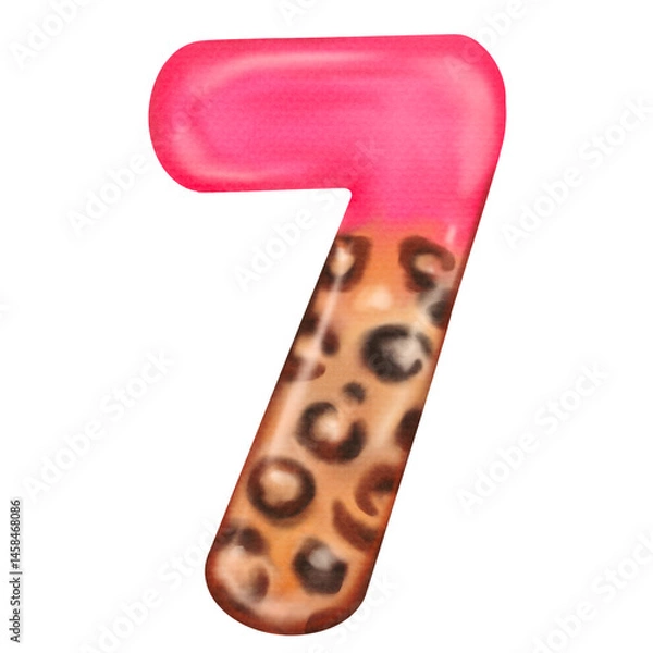 Fototapeta Chic number seven design with animal print and soft pink color. Design for greeting card and invitation, happy birthday, isolated on white background 