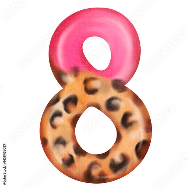 Fototapeta Illustration of number eight with bright pink pattern and exotic animals. Design for party decor, welcome basket.