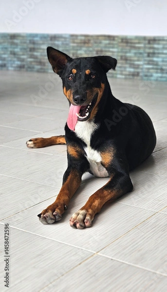 Fototapeta Black color stray dog with long nose laying down on the carpark floor d