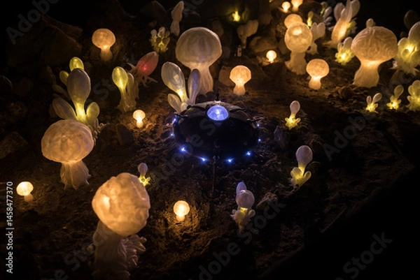 Obraz Abstract Miniature of Another Planet with Giant Glowing Mushrooms. A Nighttime Scene on an Alien World, Illuminated by the Soft Glow of Otherworldly Fungi.