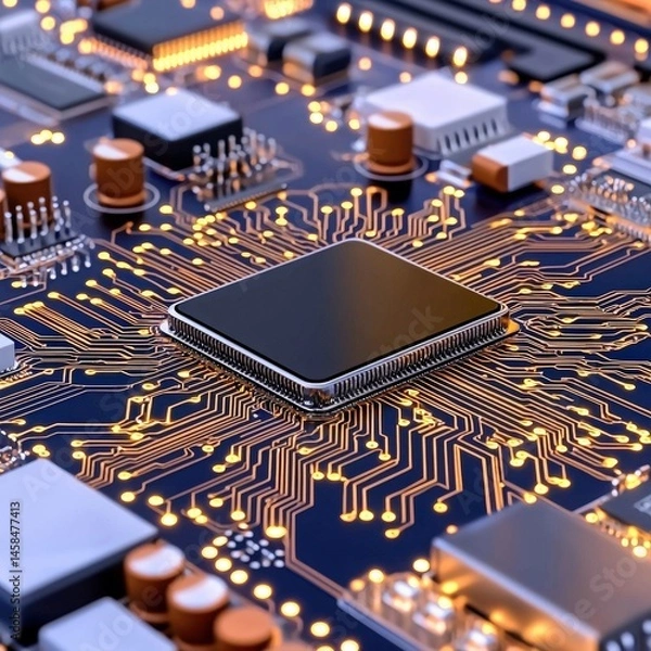 Fototapeta Close-up view of a computer chip embedded on a circuit board highlighting modern technology