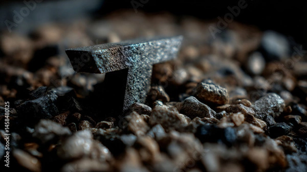 Fototapeta Metallic letter t go forth from gravel represent strength.