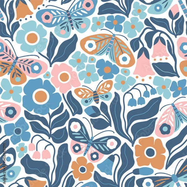Fototapeta Seamless vector pattern with hand drawn butterfly, dragonfly on floral background. Modern boho floral illustration. Perfect for textile, wallpaper or nursery print design. EPS10 vector file.