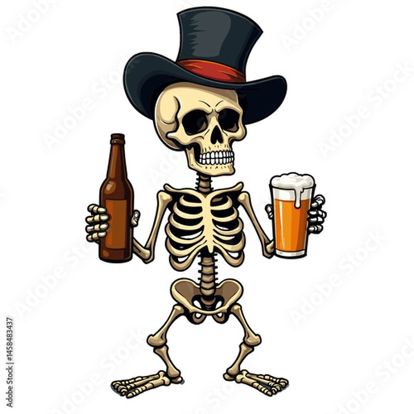 Obraz Skeleton character in a playful mood holding a beer and bottle on a transparent background