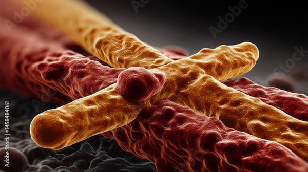 Fototapeta Rod-shaped Mycobacterium tuberculosis with waxy, lipid-rich cell walls under a microscope