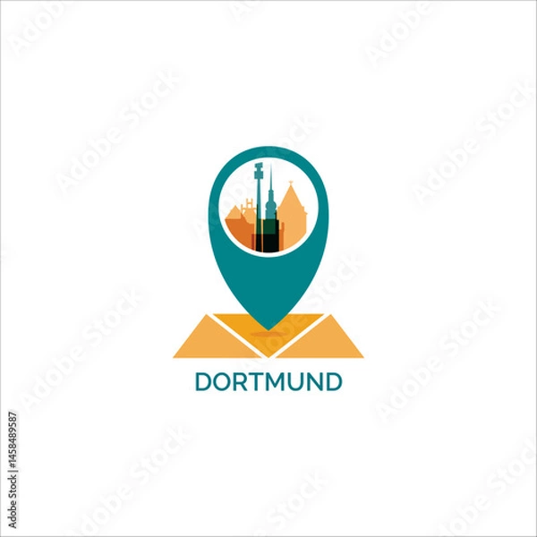Fototapeta Germany, Dortmund map pin point, geolocation, skyline shape vector logo, icon, isolated illustration. Web emblem concept with landmarks and building silhouettes