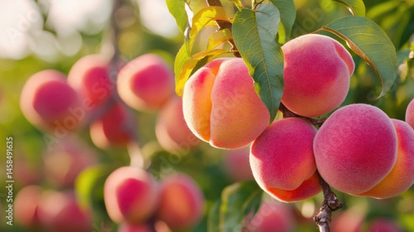 Obraz Ripe peaches hanging on a tree branch	