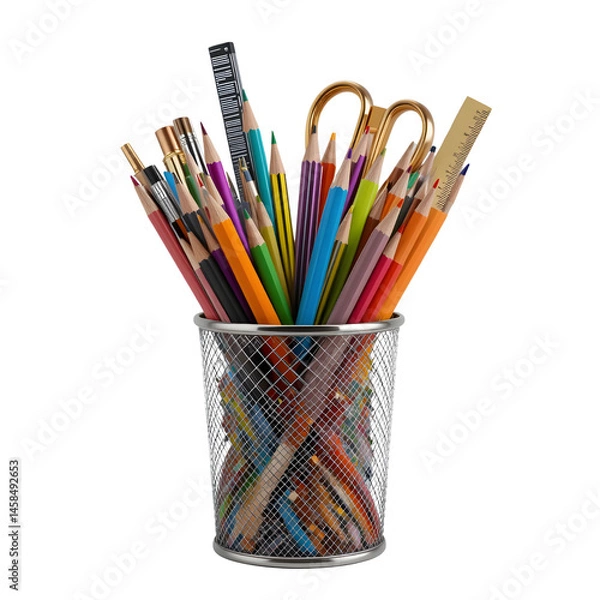 Obraz A cup filled with colorful pens, pencils, scissors, and a ruler isolated on solid white.