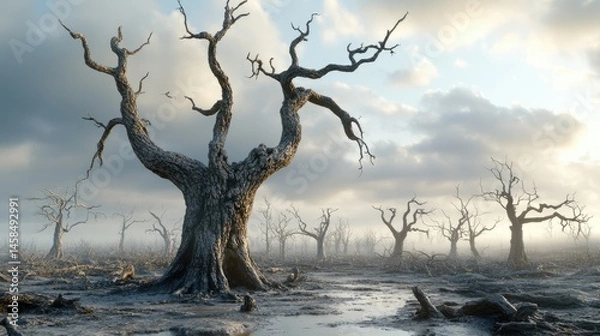 Fototapeta Burnt trees in an ash-coated forest under a cloud-filled sky of nuclear winter, with life extinguished in the destruction's wake. Scene of nuclear ruin.