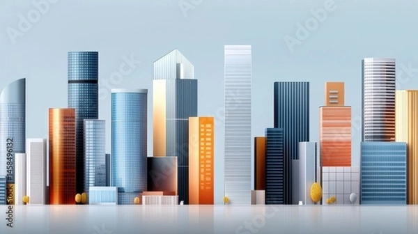 Fototapeta A vibrant city skyline featuring modern skyscrapers in various styles and colors.