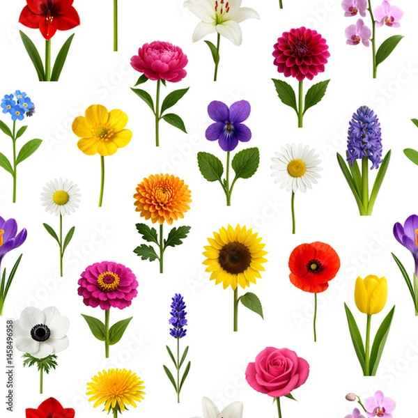 Fototapeta Seamless Pattern of Colorful Spring Flowers on White Background – AI Generated Floral Design