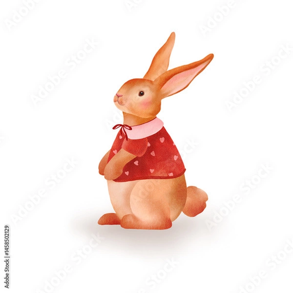 Fototapeta Watercolor bunny in a red sweater sitting calmly, side view, cute and peaceful character. Design for Valentine's Day, greeting card, invitation, children, baby.