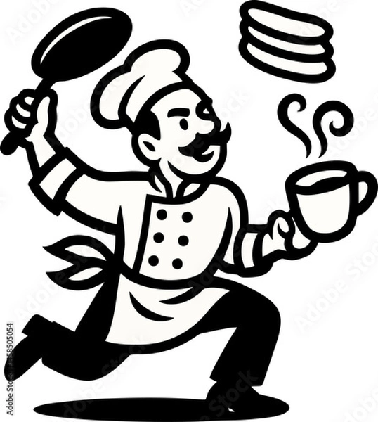 Fototapeta Animated Chef Dashes Balancing A Pan Pancakes And Steaming Coffee With Energetic Flair