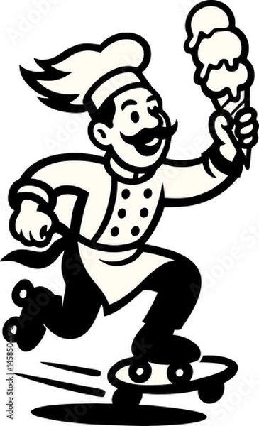 Fototapeta Enthusiastic Chef On A Skateboard Joyfully Carries An Ice Cream Cone Embodying Playful Fun