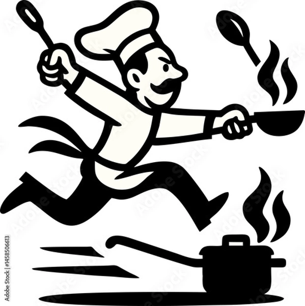 Fototapeta Cartoon Chef Dashes With A Pan And Spoon Near A Cooking Pot In High Contrast Style