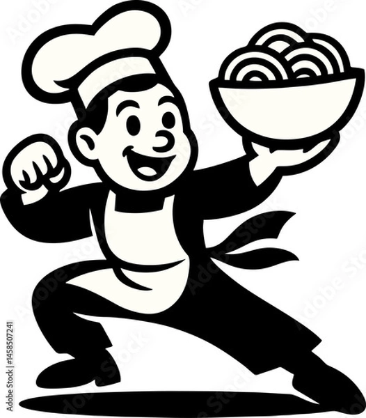 Fototapeta Happy Chef Proudly Presents A Bowl Of Steaming Pasta In Retro Cartoon Style Illustration