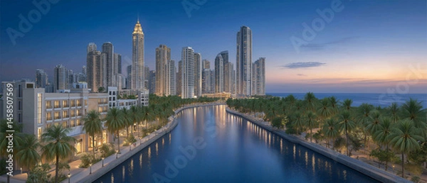 Obraz  Cityscape Sunset: A stunning cityscape shimmers at sunset, with modern towers reflected on the tranquil water. Palm trees line the waterfront, enhancing the sense of beauty.