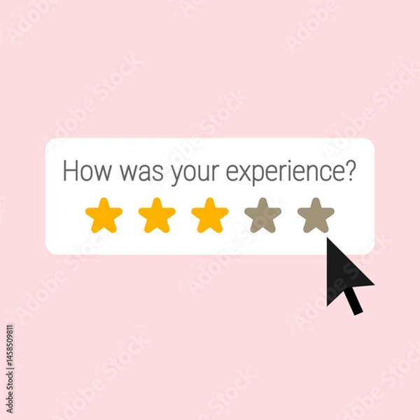 Fototapeta Customer experience rating with a black mouse cursor hovering over a message bubble. Vector illustration for themes related to customer satisfaction, online reviews or user feedback