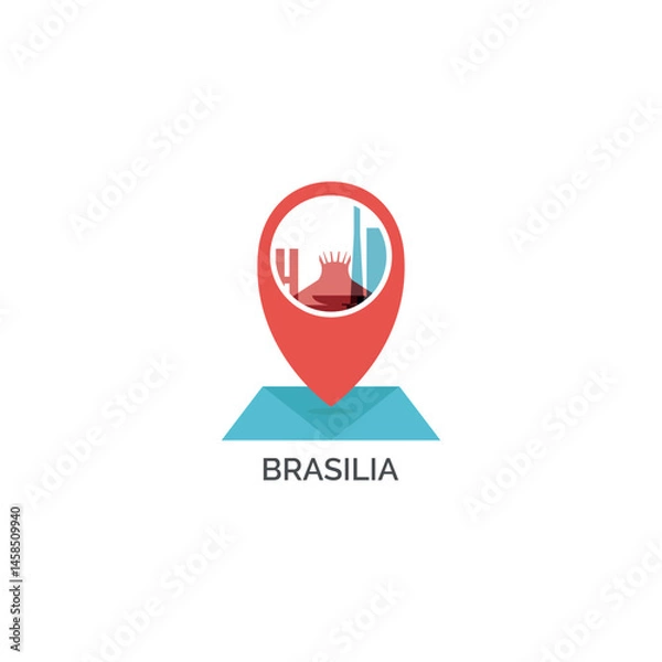 Fototapeta Brazil, Brasilia map pin point, geolocation, skyline shape vector logo, icon, isolated illustration. Web emblem template with landmarks and building silhouettes