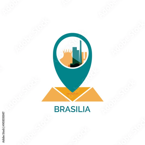 Fototapeta Brazil, Brasilia map pin point, geolocation, skyline shape vector logo, icon, isolated illustration. Web emblem template with landmarks and building silhouettes