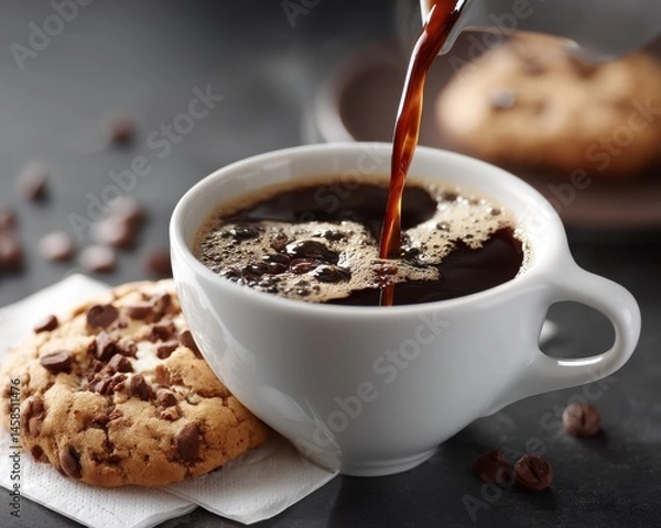 Obraz Fresh coffee is being poured into a white cup next to a chocolate chip cookie on a napkin.