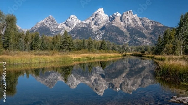 Fototapeta Stunning view of grand tetons mountain range with crystal-clear reflection in serene lake, wyoming