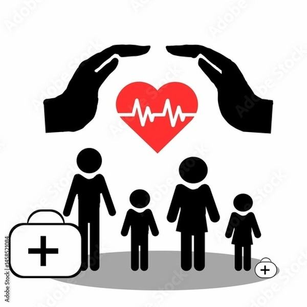 Obraz This is a pixel design illustrating the concept of health insurance using a suitcase and a heart symbol to represent medical protection, safety, and travel care.
