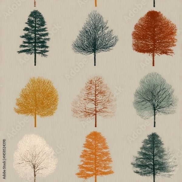 Fototapeta Seamless Pattern of Autumn Trees Nature Background Digital Art Tranquil Setting Aesthetic Viewpoint