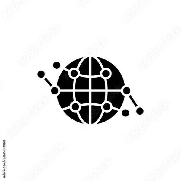 Fototapeta Solid Black Icon Globe with Connection Nodes and Lines