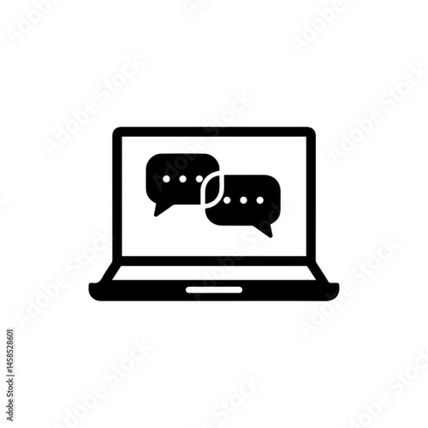 Fototapeta Black Filled Icon of Laptop with Dual Chat Overlays