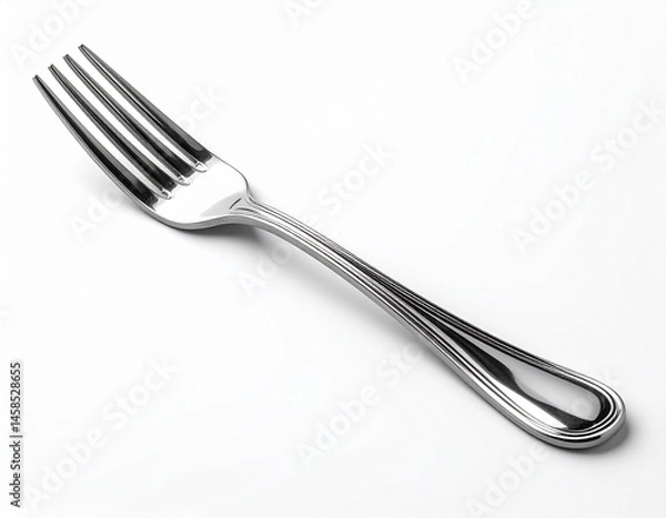 Fototapeta Close-up of a silver utensil, a fork, angled on a white surface. It has tines, a handle, and is gleaming, reflecting light
