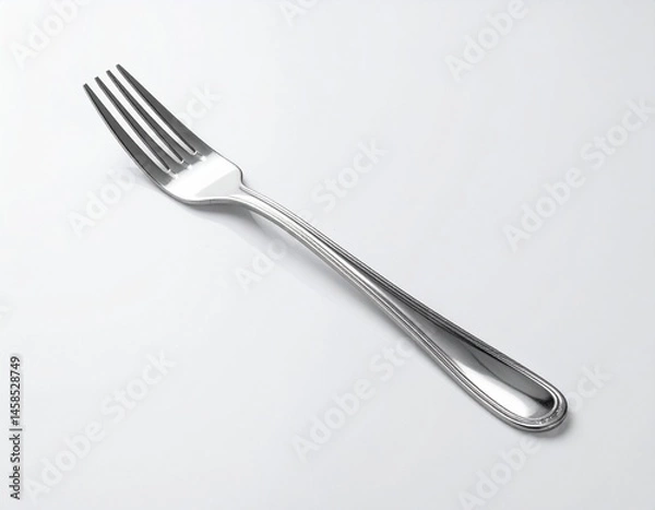 Obraz A stainless steel fork lays diagonally on a white surface, showing its tines and reflective qualities
