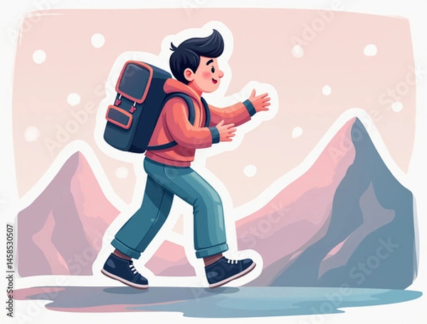 Obraz Vector children's book style illustration of a hiking boy in blue, pink and beige colors, with snowy mountains in the background.