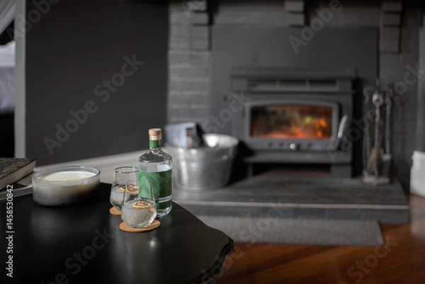 Obraz a bottle of gin with two glasses, and 2 gin and tonic cocktails in front of a fire