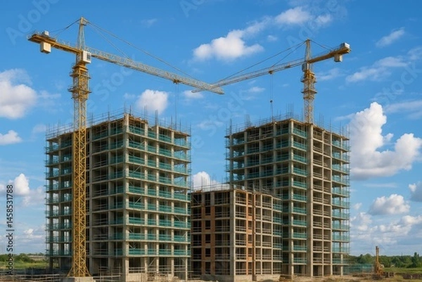 Obraz Construction Site with Cranes and Building Towers Under Blue Sky