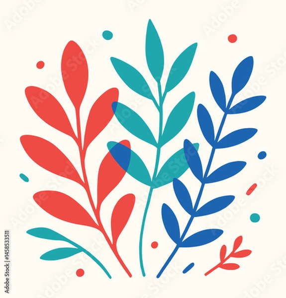 Obraz Minimal Flat Botanical Illustration with Red, Teal, and Blue Leaf Branches on Light Background