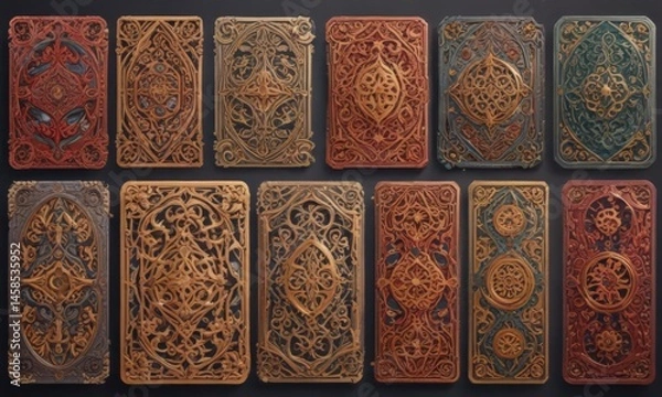 Fototapeta Intricate die-cut card collection, diverse shapes, rich colors, event, background